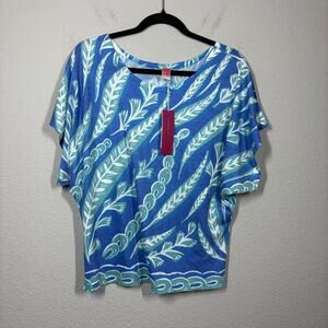 Before+Again Size Small Dolman Sleeves Shirt Top Blue Leaves Print Pullover